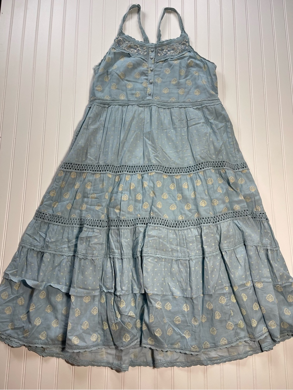 Pilcro By Anthropologie Citrus Fruit Ruffled Eyelet Midi Dress | Blue | Size L - Picture 2 of 9